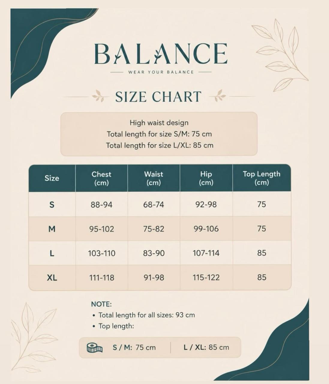 Balance Sportswear Size Chart